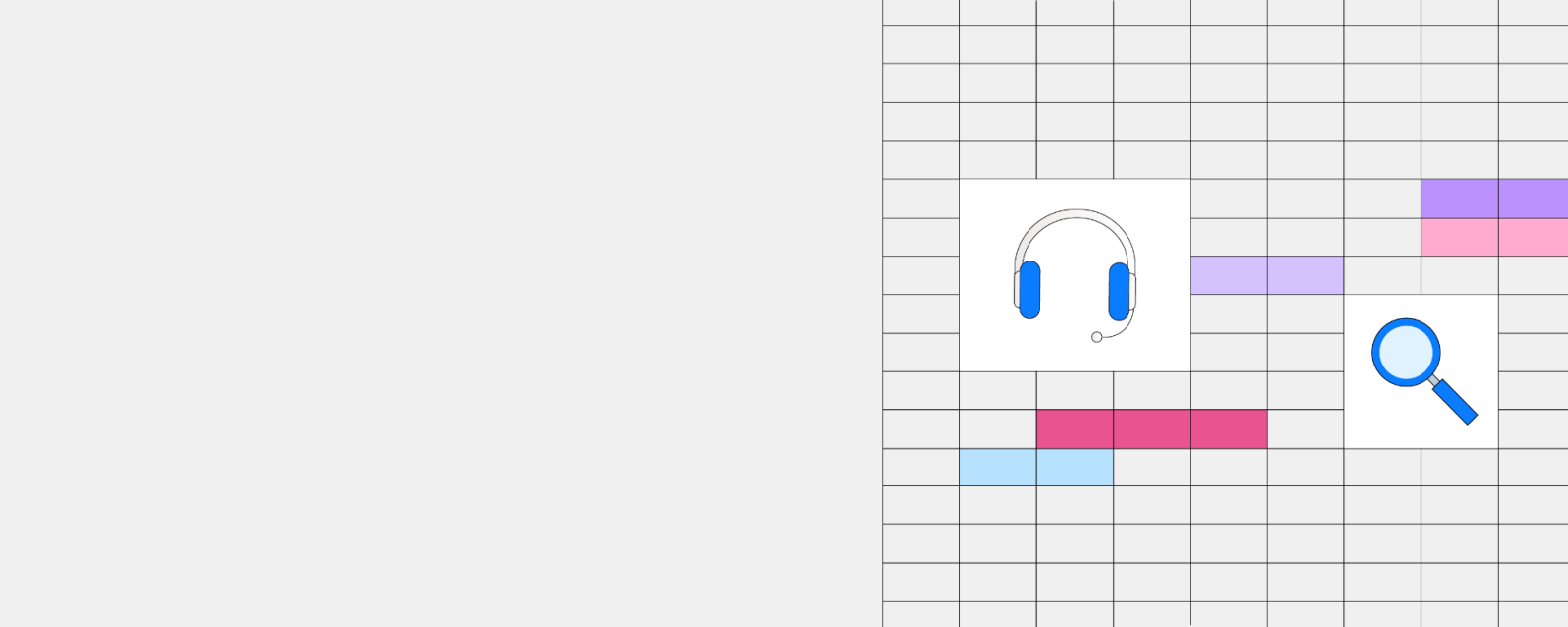 a spreadsheet with some cells highlighted with a headphone and magnifying glass icon